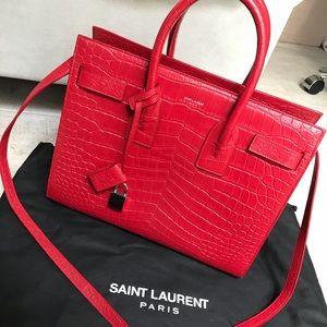 YSL red sac de jour small crocodile embossed bag